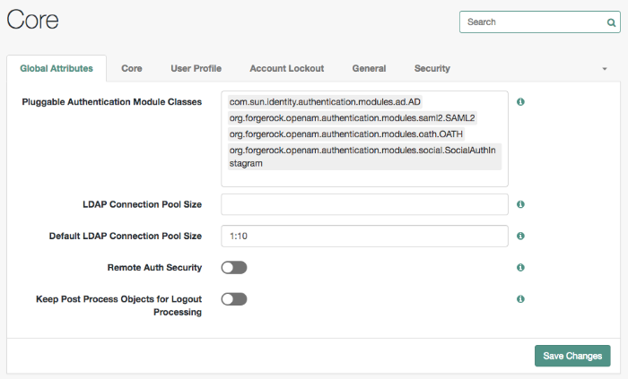 The core authentication attributes page is divided into seven tabs.