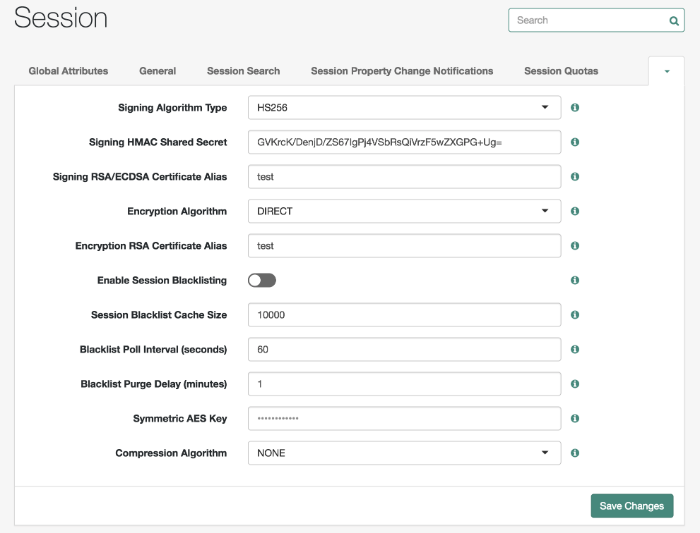 The stateless session page on the AM console featuring elliptic curve digital signature algorithms.