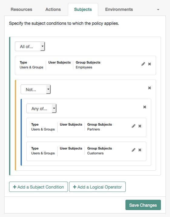 Combine logical and subject conditions to create complex policies.