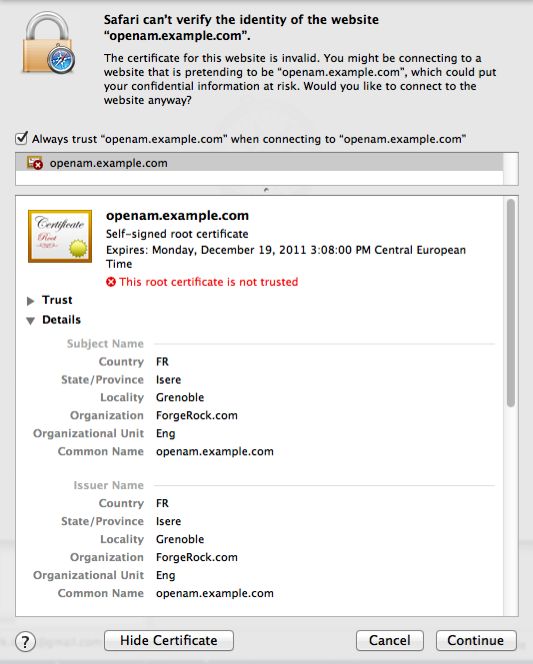 Your browser does not trust your self-signed certificate.
