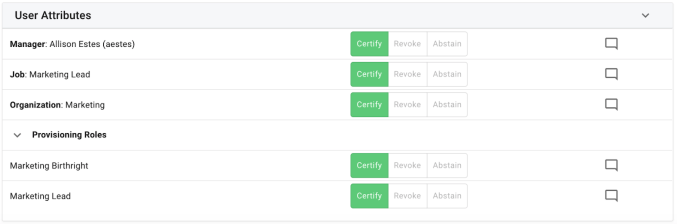 iga attributes panel for user certification