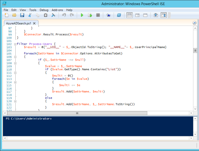 AzureADSearch.ps1 script open in PowerShell ISE