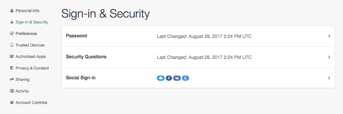 Supports management of passwords, security questions, connected social identity accounts
