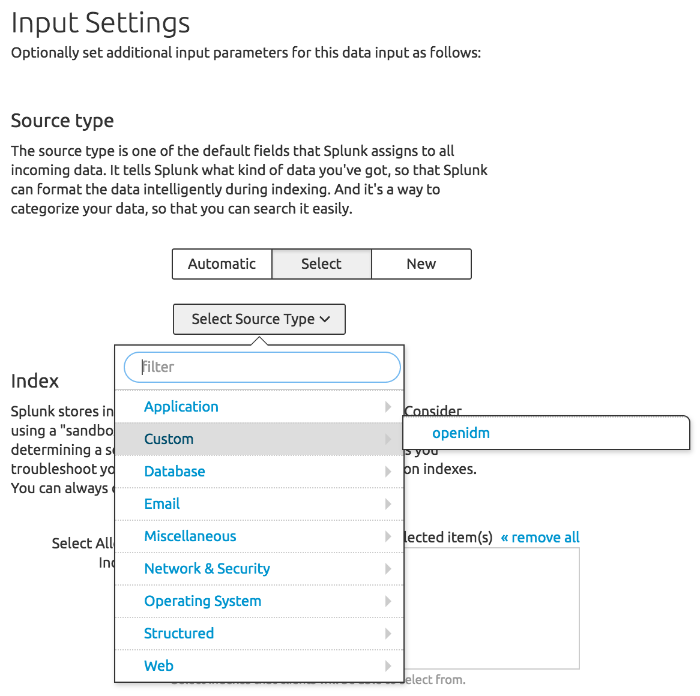 Selecting a custom source type for the Splunk audit handler