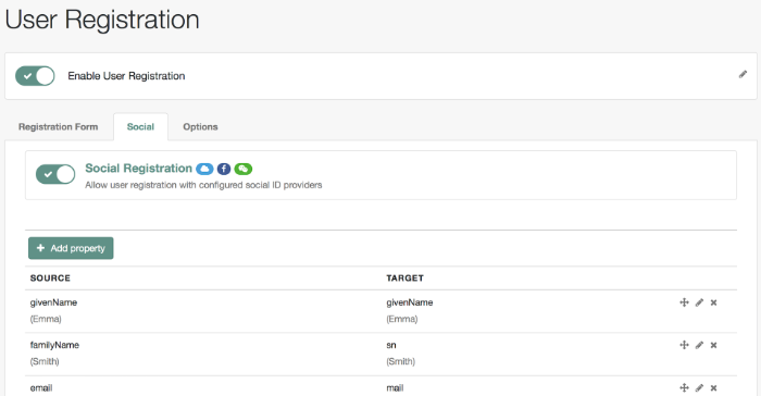 Social properties as mapped in selfservice.propertymap.json