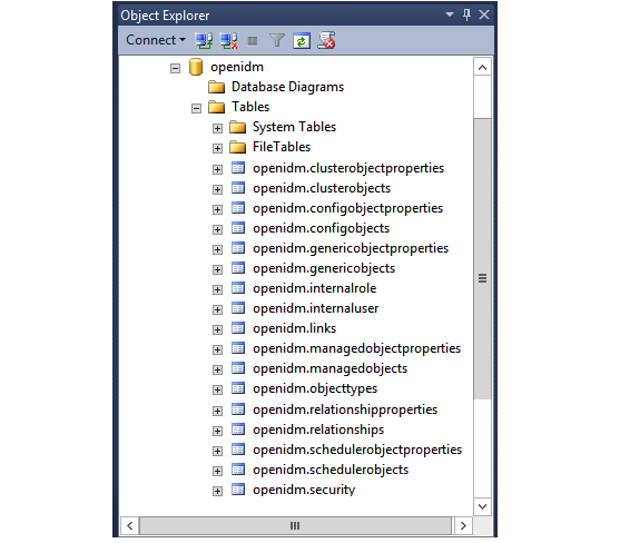 Default tables in the openidm Microsoft SQL database