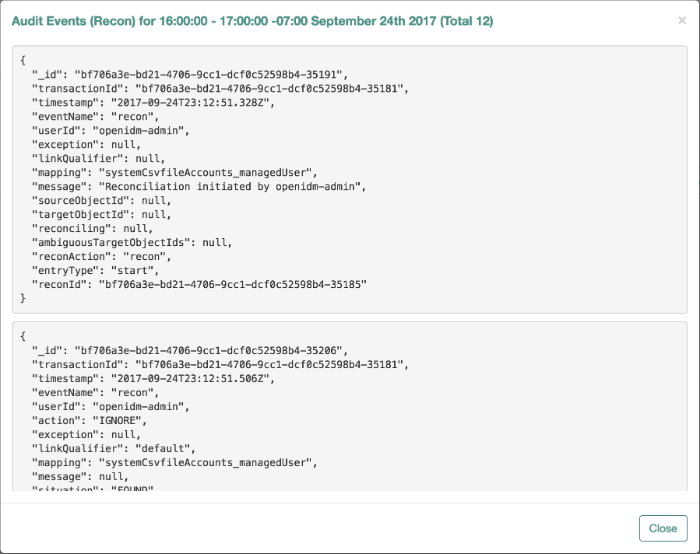 Audit widget showing reconciliation audit log