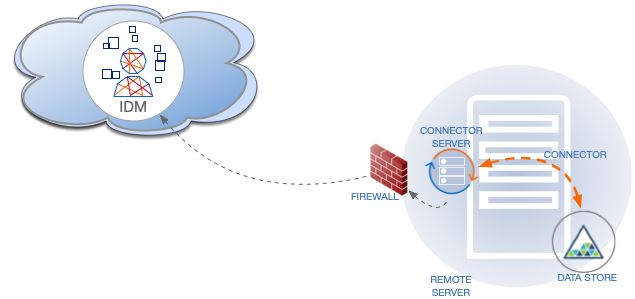 Diagram shows IDM accessing a remote connector through an RCS in client mode.