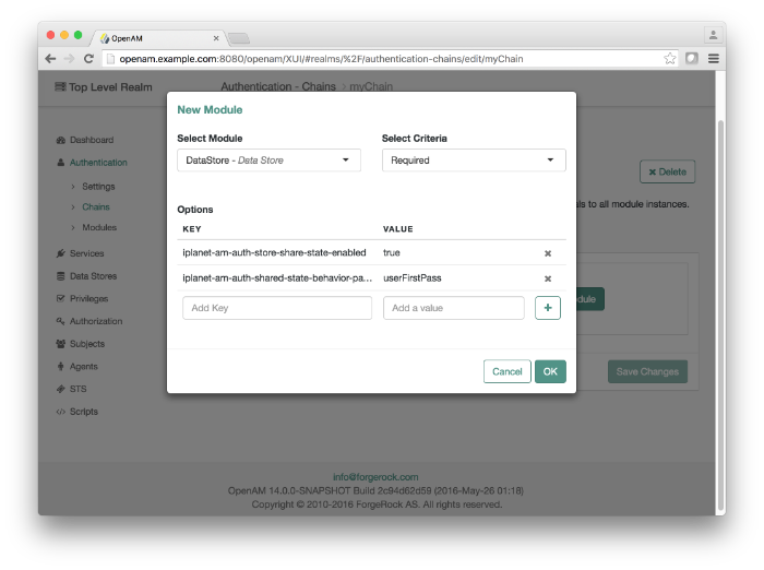 Configuring the second module in an authentication chain