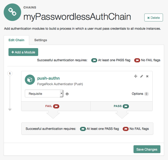 An authentication chain setup for passwordless push authentication.