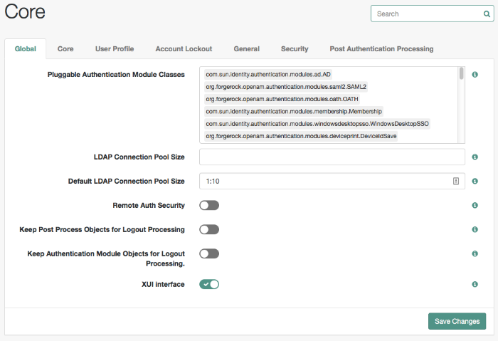 The core authentication attributes page is divided into seven tabs.
