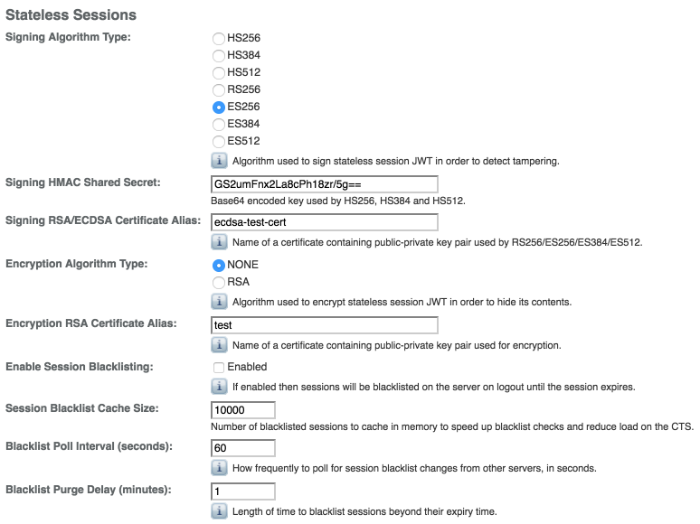 The stateless session page on the OpenAM console featuring elliptic curve digital signature algorithms.