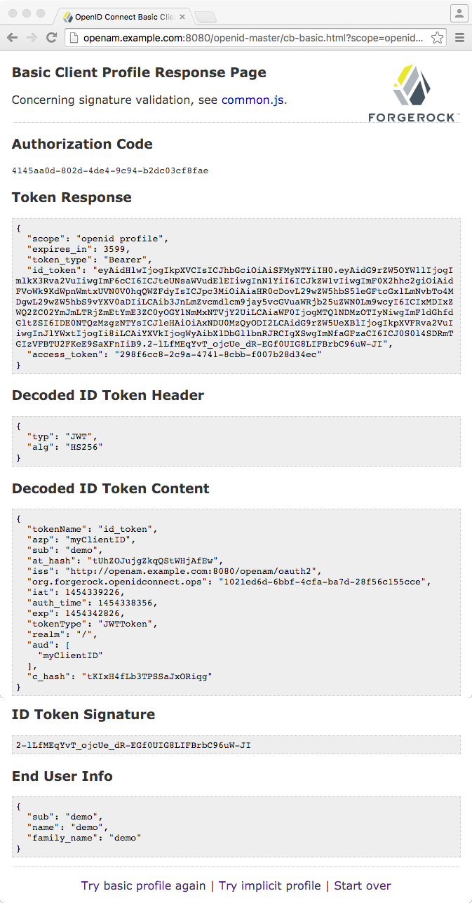 OpenID Connect Basic Client Profile Response Page