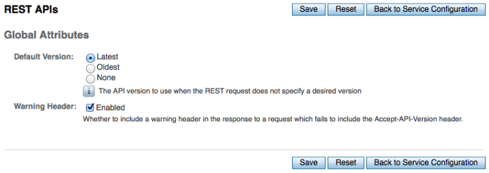 REST API Default Version Configuration page.