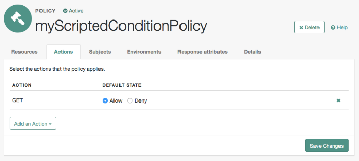 Actions for an example policy that uses the default policy condition script.
