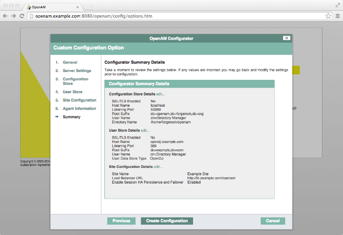 OpenAM configuration summary