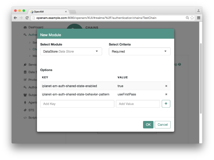 Configuring the second module in an authentication chain