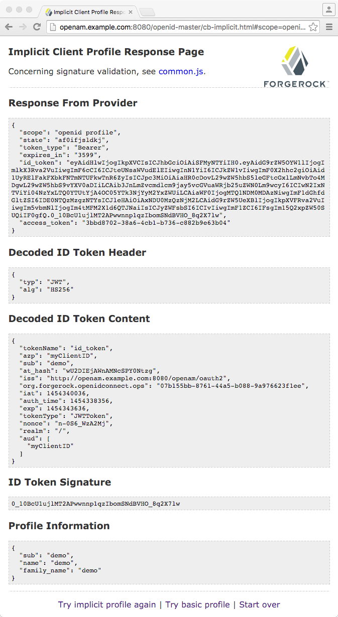 OpenID Connect Implicit Client Profile Response Page