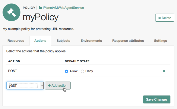 Select the actions and whether to allow or deny the action for the resources specified.