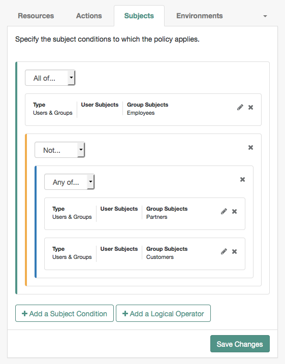 Combine logical and subject conditions to create complex policies.