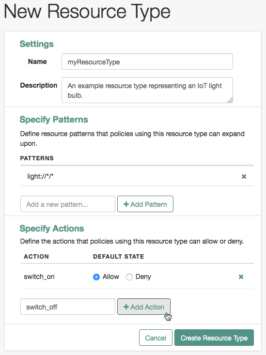 Configuring resource types in the OpenAM console.