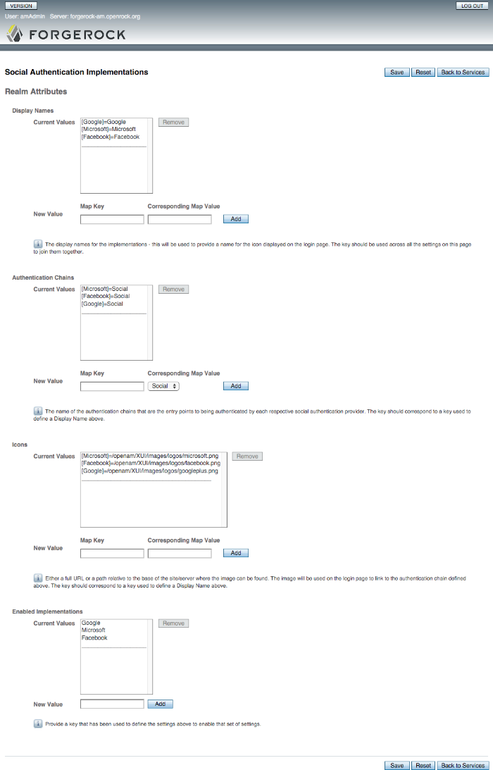 Configuring the Social Authentication Implementations service.