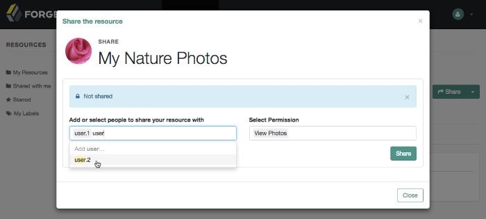The Share the resource dialog box allows you to add the users to share the resource with, and which permissions they will have.