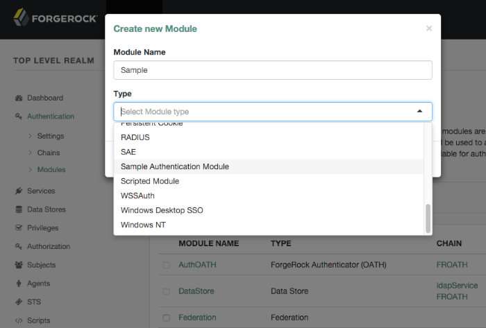 Sample authentication module registration