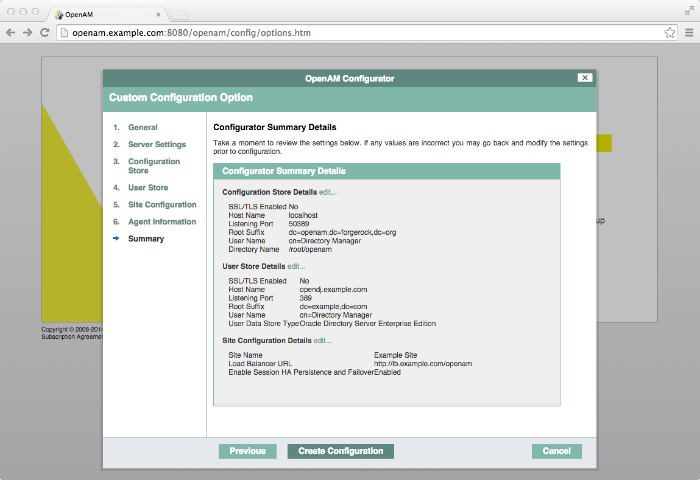 OpenAM configuration summary
