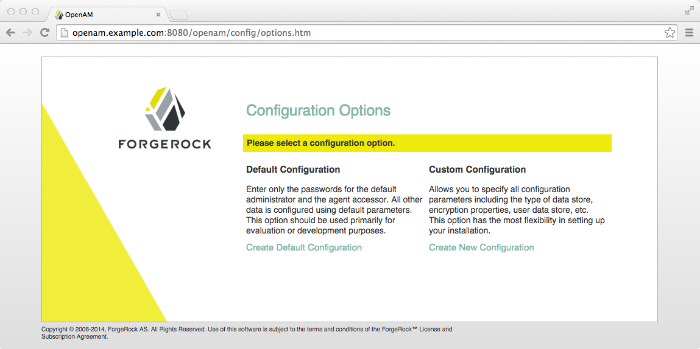 Initial OpenAM configuration screen