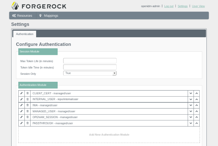 Admin UI Screen, Authentication Settings