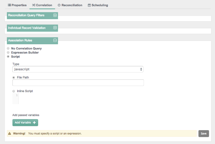 Admin UI Screen, Correlation Queries