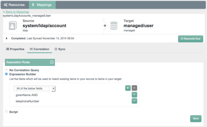 Admin UI mapping screen showing correlation query