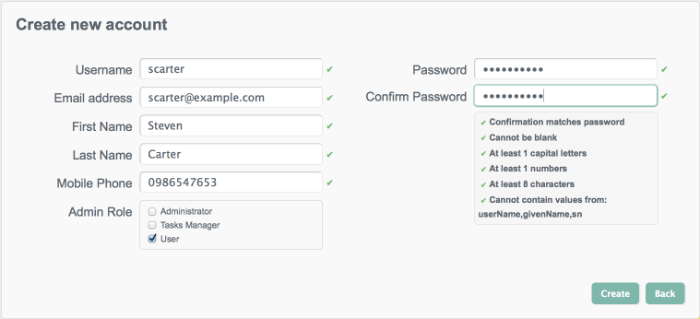 OpenIDM User View UI - Create User Account