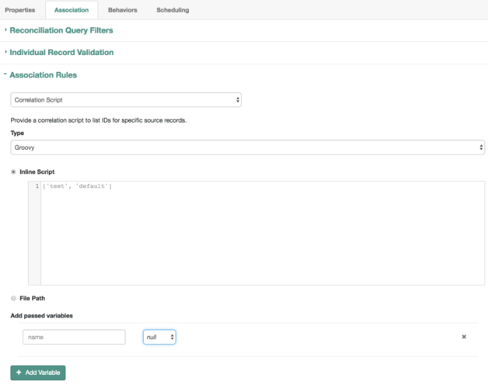 Admin UI mapping screen showing correlation script
