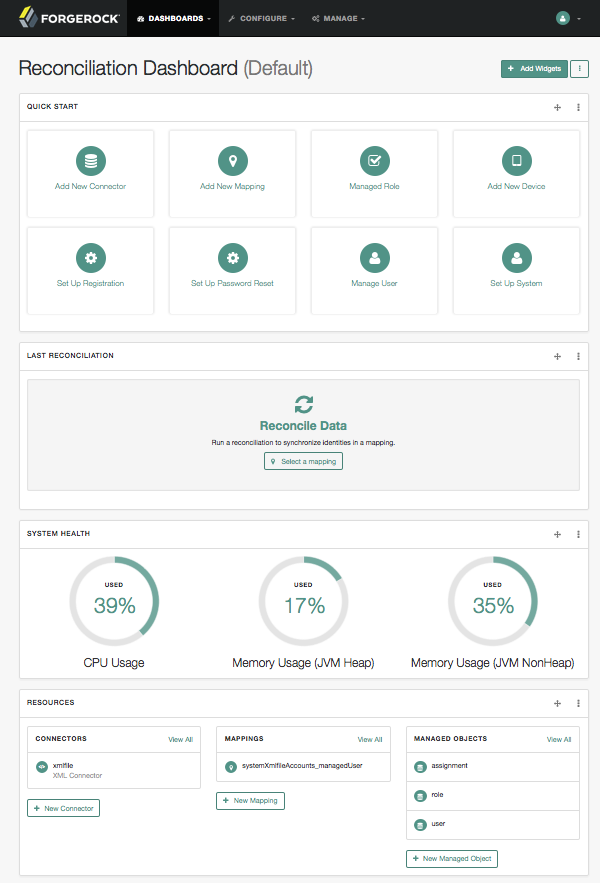 OpenIDM Administrative User Interface: Main Screen