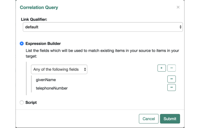 Admin UI mapping screen showing correlation query