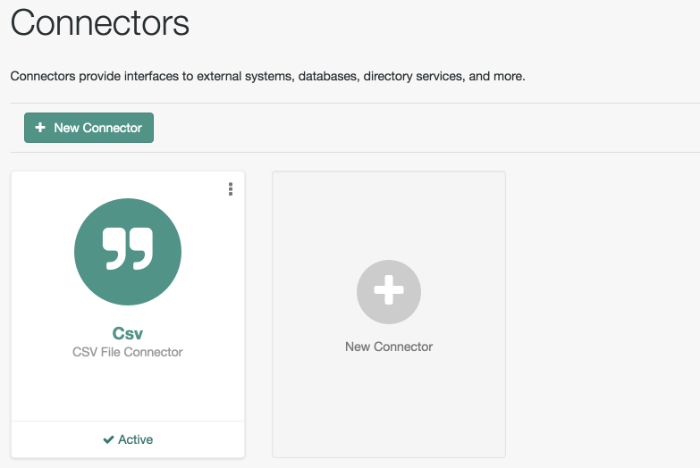 Connectors tab showing an active CSV connector