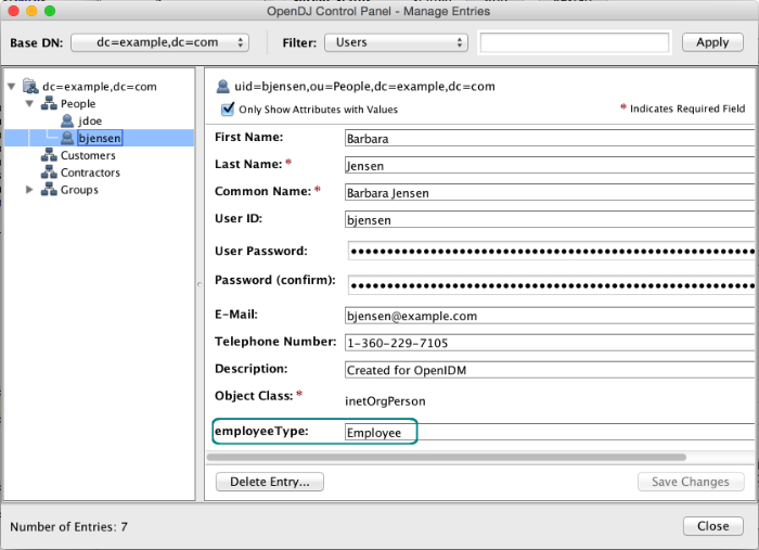 OpenDJ Control Panel Showing Updated Value for employeeType