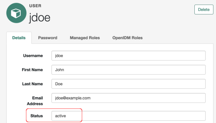 New user jdoe with status active.