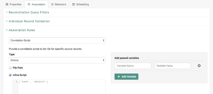 Admin UI mapping screen showing correlation script