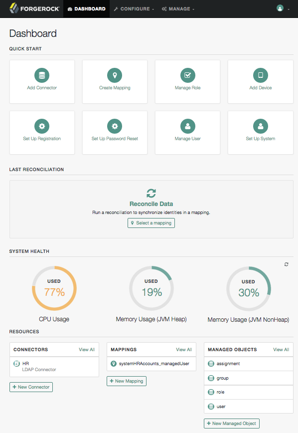 OpenIDM Administrative User Interface: Main Screen