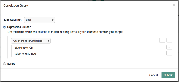Admin UI mapping screen showing correlation query