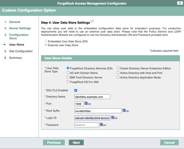 Image shows configuration settings for an external DS configuration store